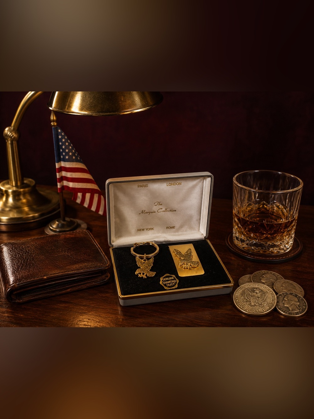 Vtg Eagle Keychain Money Clip Box Set Gold Tone Diamond Dust Patriotic American